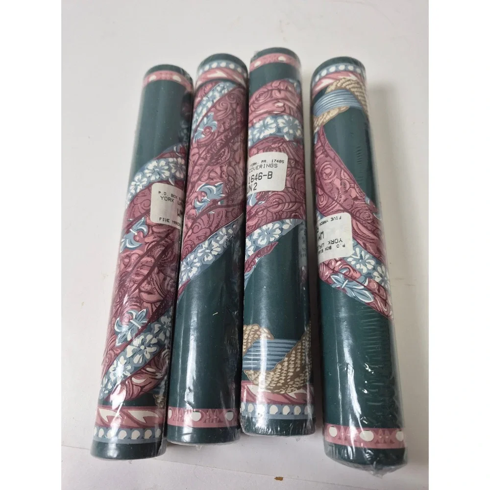 York Wallcoverings Floral Scroll Wallpaper Border Green Pink 4 Rolls WM 1646-B